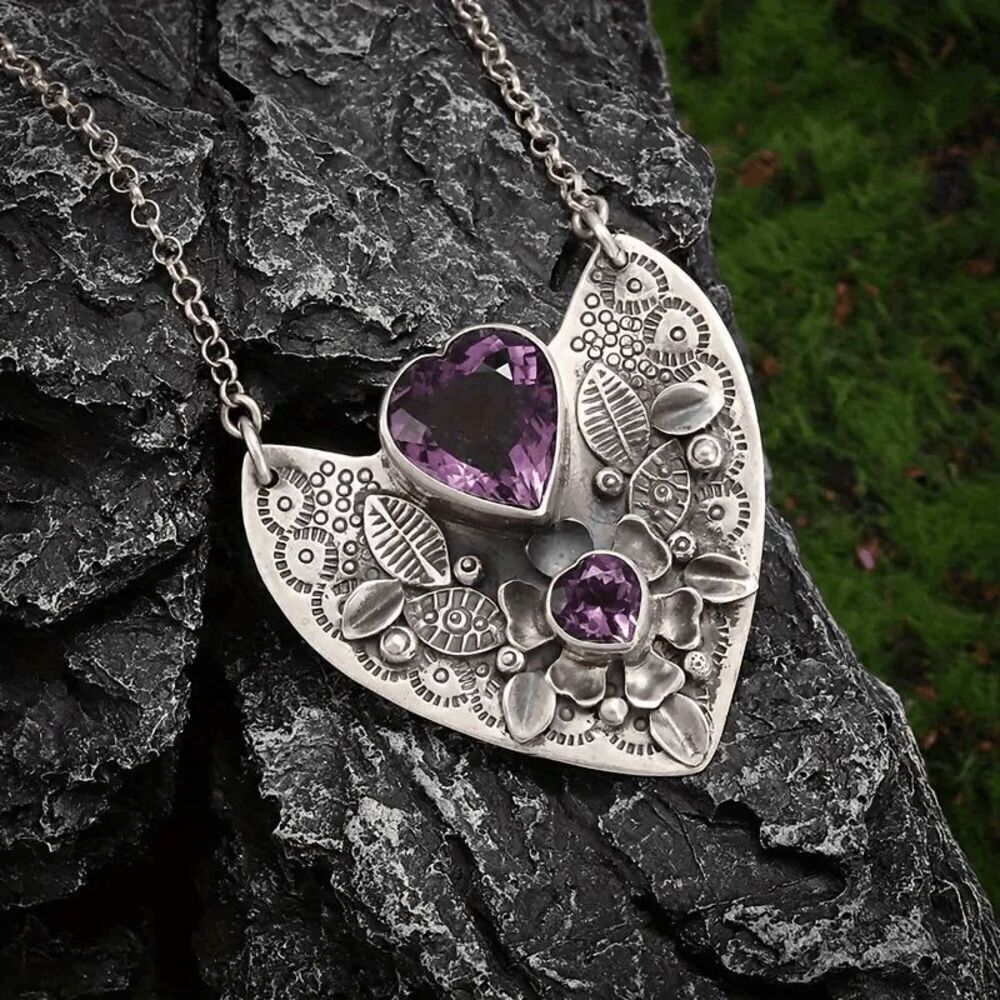 Amethyst Heart Boho Pendant Necklace